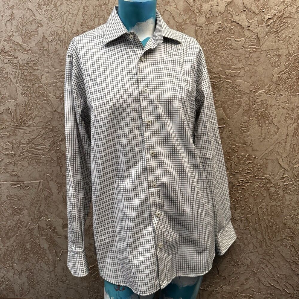 Robert Talbott Estate Tailored Shirt Mens Large 16.5 White Black Grid Checkered
